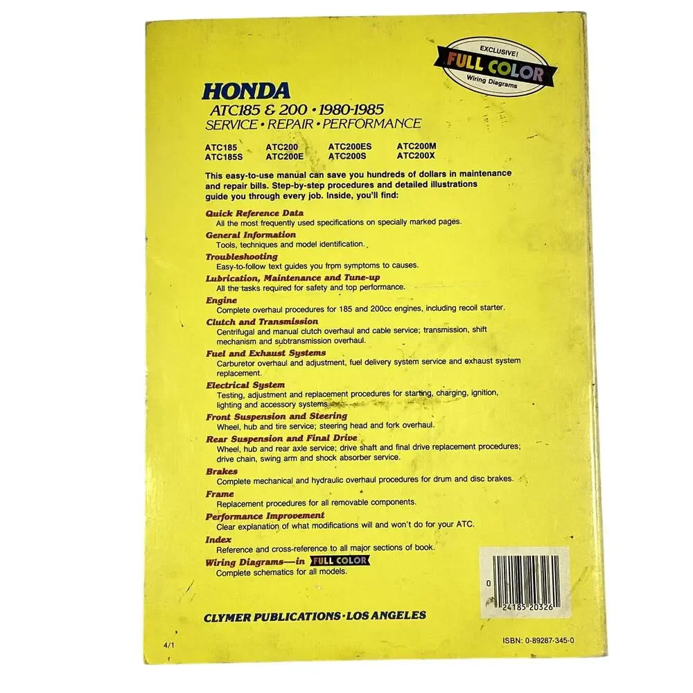 Clymer Honda ATC185 & 200 1980-1985 Service Repair Manual M325 Three Wheeler